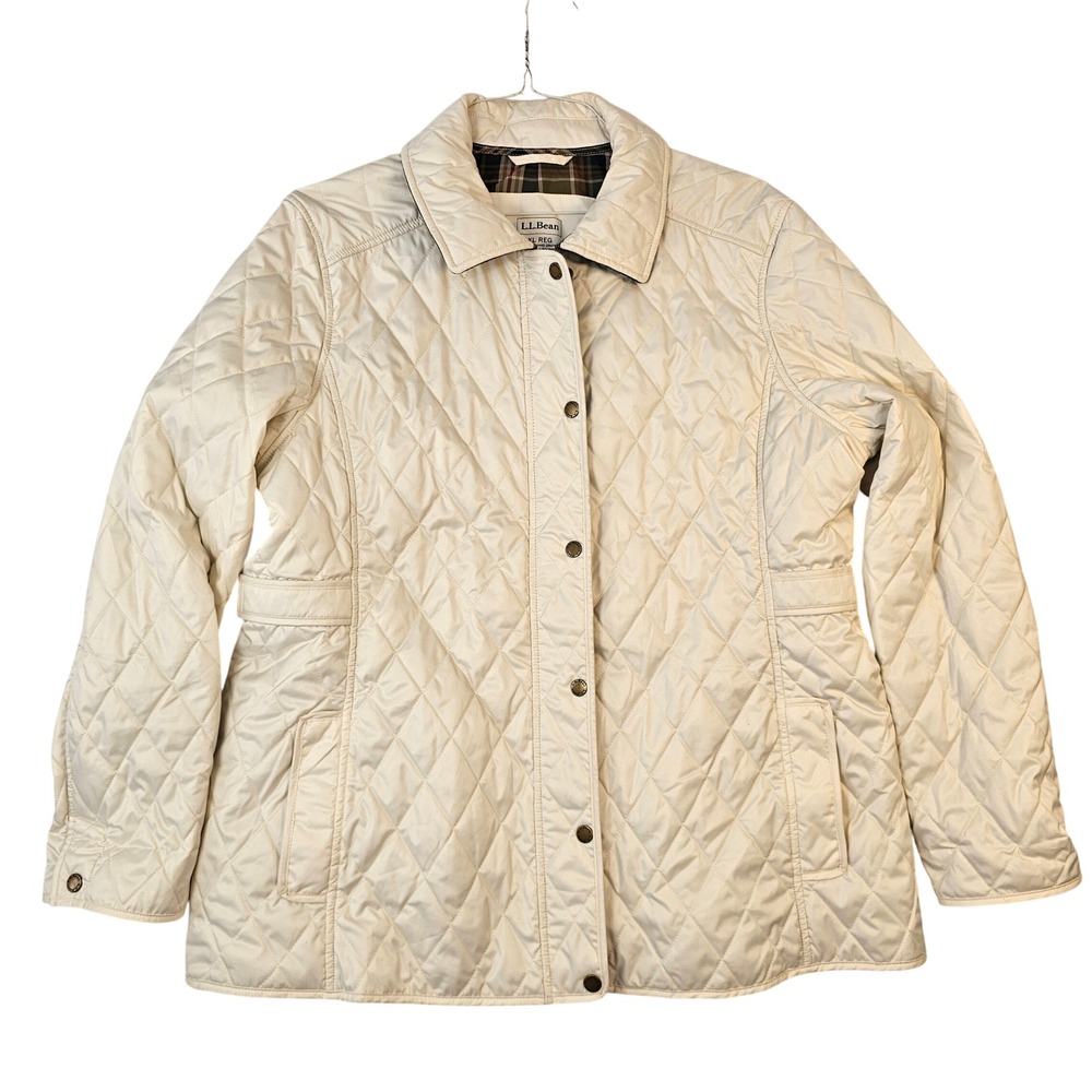 LL Bean Quilted Jacket Cream Off White Plaid Lining XL Reg 284359 Snap Front